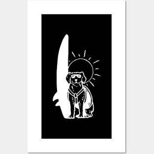 Surfing Dog White on Black Posters and Art